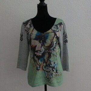 Light Green butterfly long sleeve top, V-neck, with silver beads detail